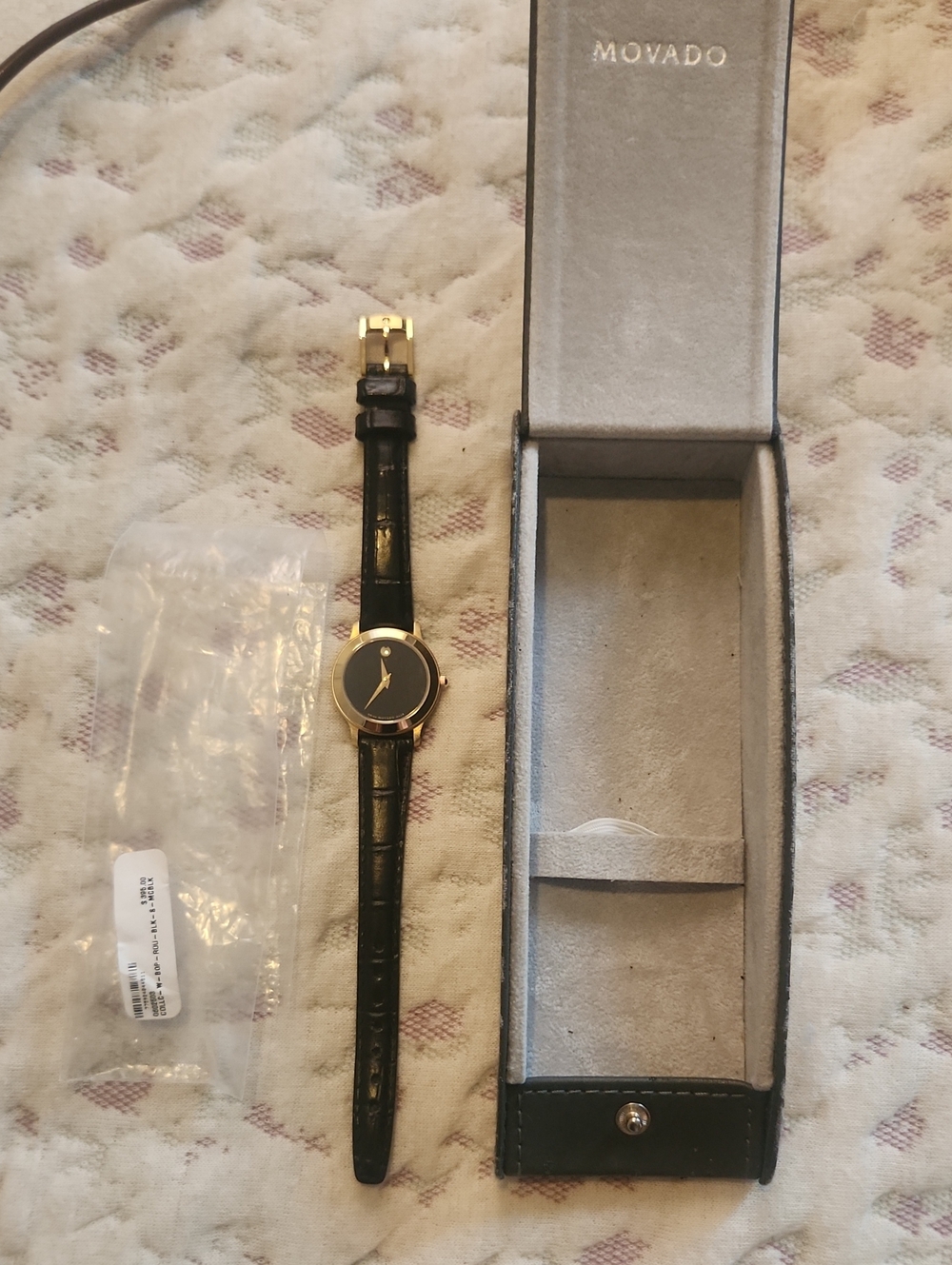 Movado Gold-Tone Case Black Dial Women's Watch with Black Leather Strap